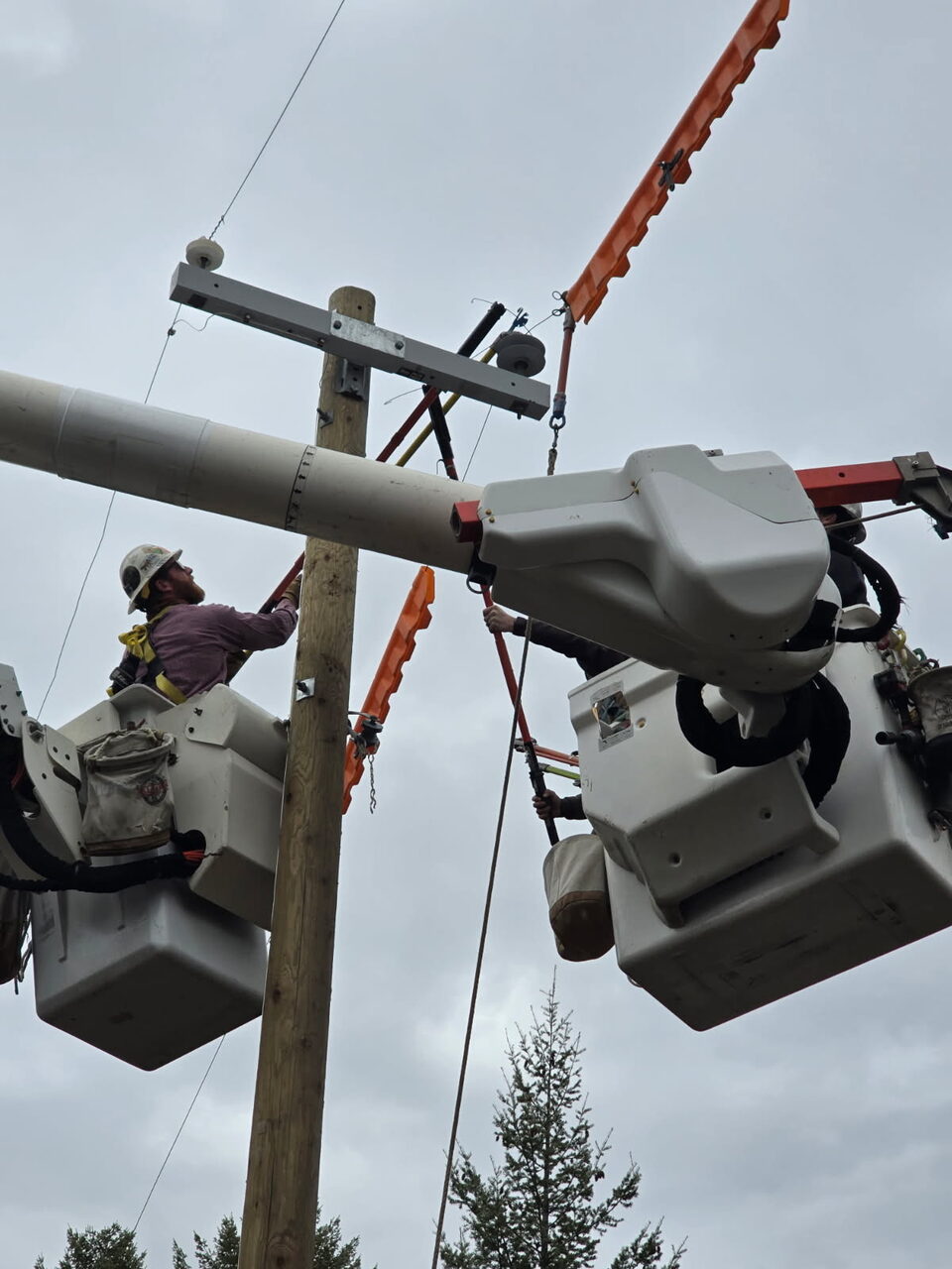 Two linemen in bucket trucks using insulated hot sticks on a wood pole with orange protective line covers